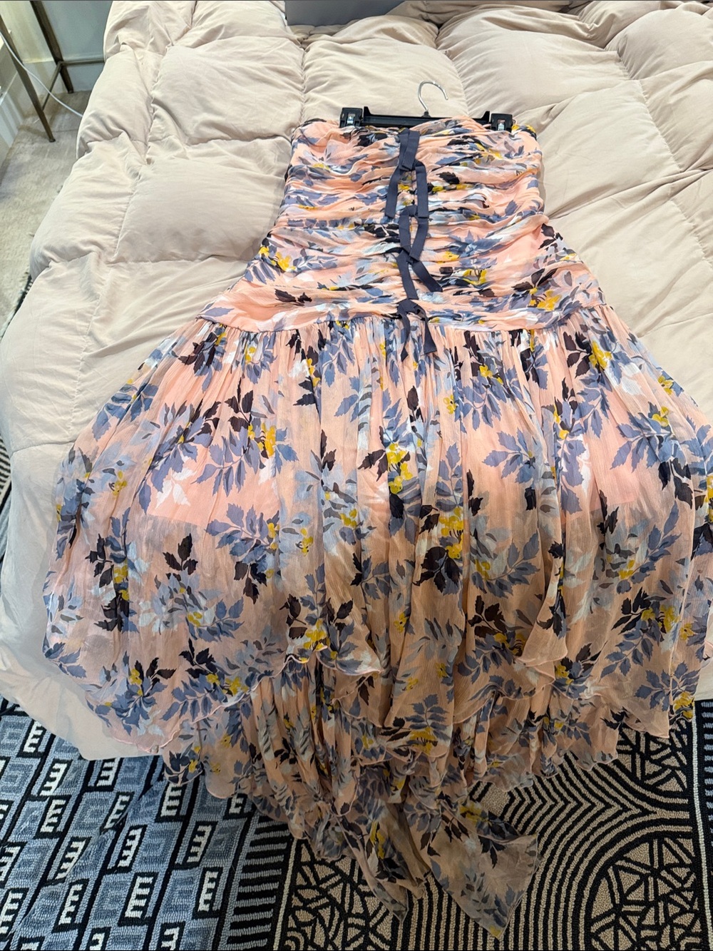 cinq a sept Peach Pink Floral Strapless Ruffle Dress with Navy Tie